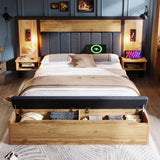 5ft King Upholstered Bed with Reading Lamp and USB-C Charging - Linen Bed Frame with Nightstand and Storage Bench, Oak