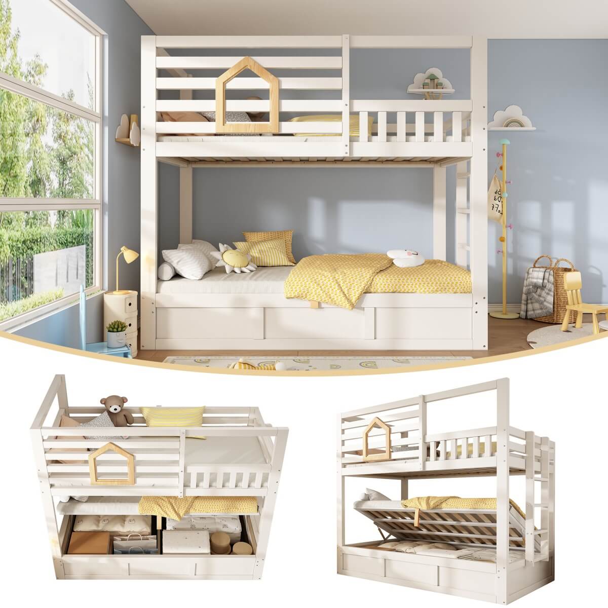 Kids Cabin House Bunk Bed with Storage - Wooden Twin Sleeper Bed with Ladder, White