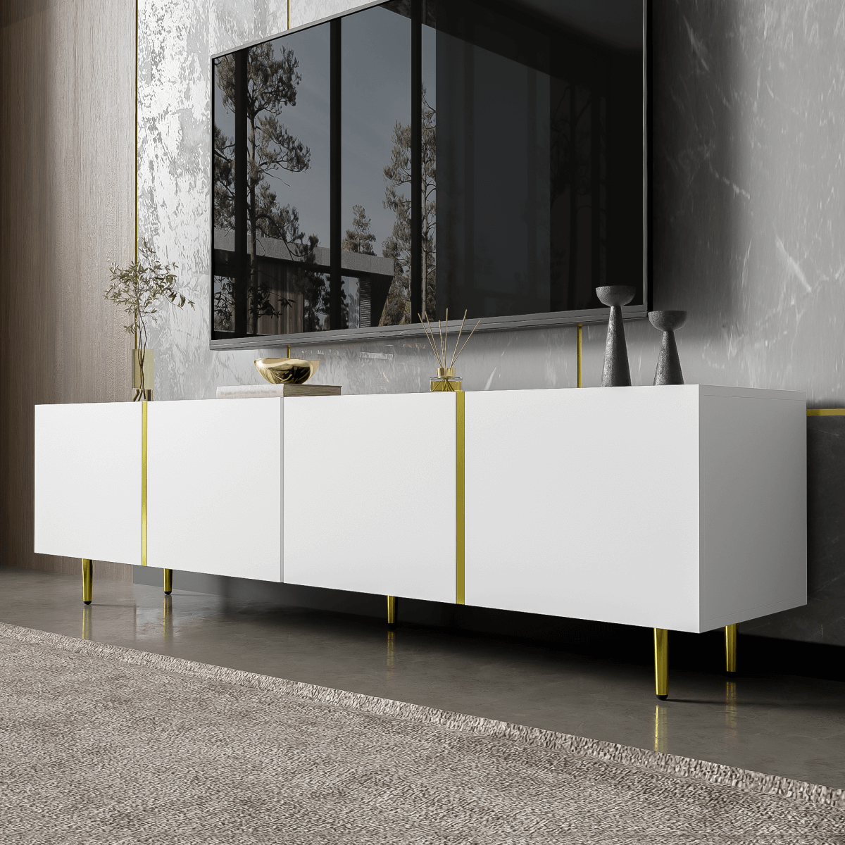High-Gloss White TV Cabinet – Modern 4-Door TV Stand for Living Room