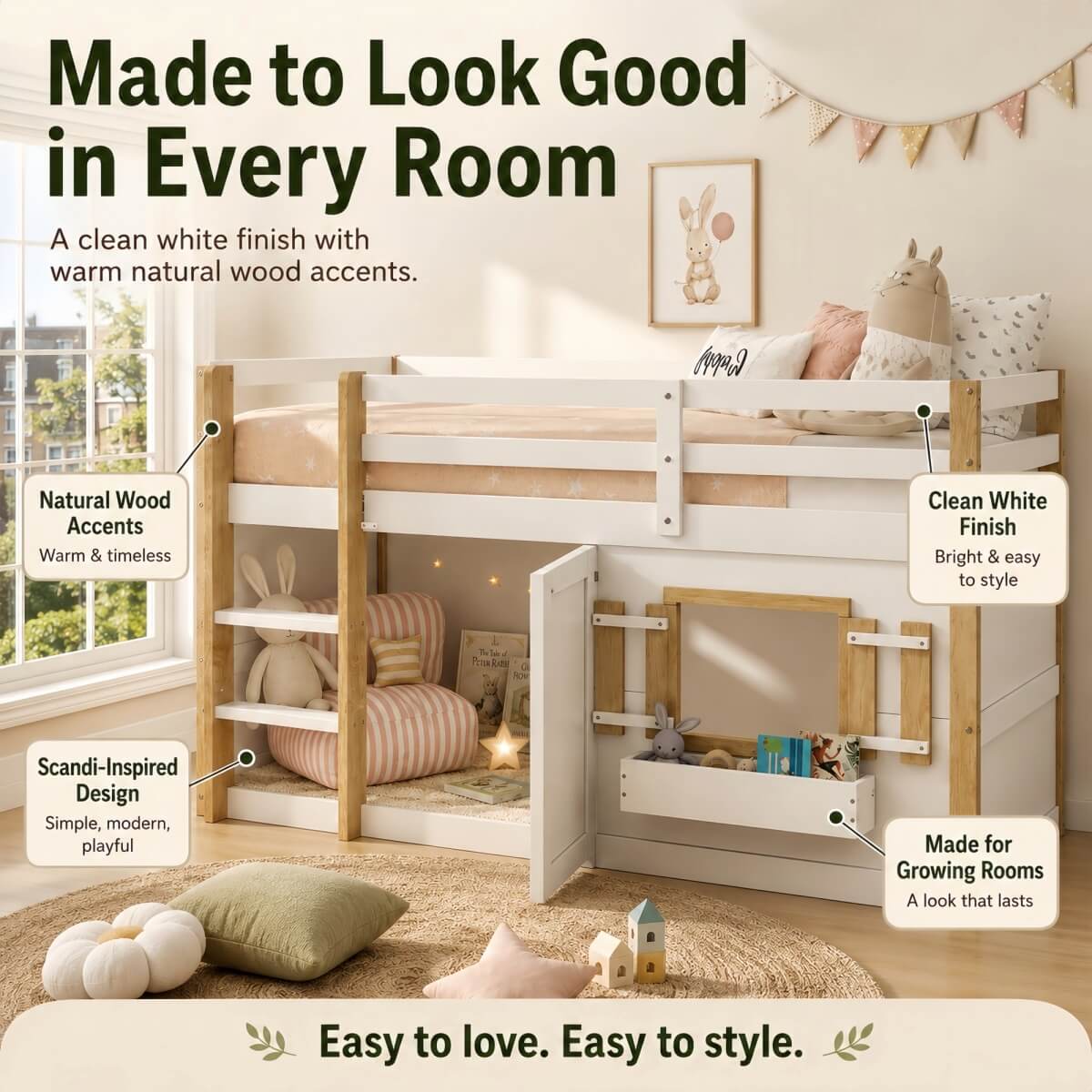 3ft Single Kids Loft Bed with Ladder - Multifunctional Wooden Bed Frame with Under-Bed Play Area, White