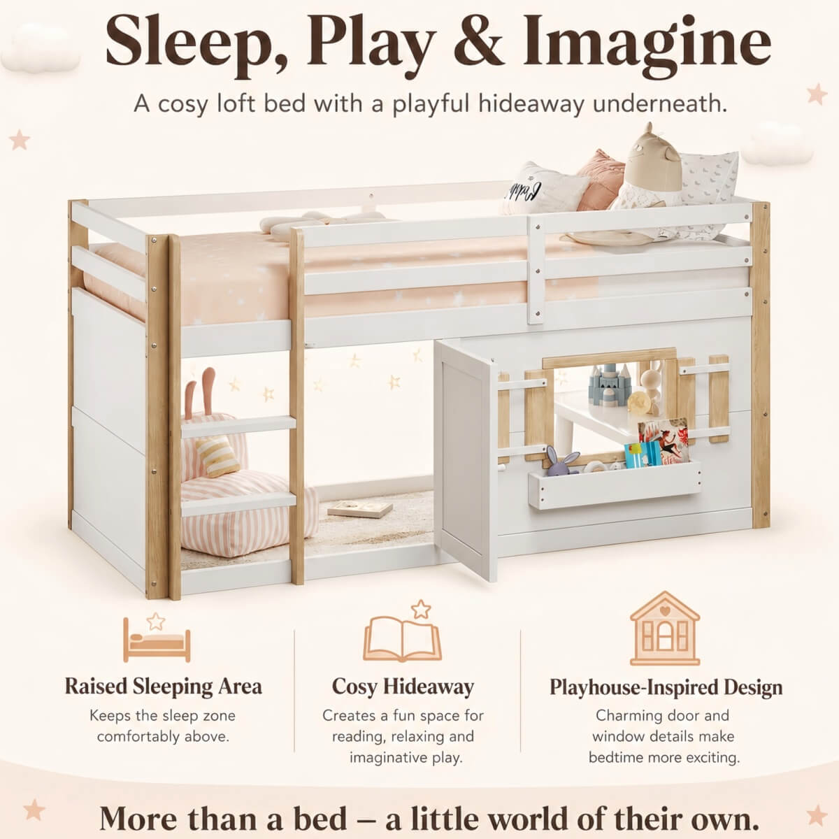 3ft Single Kids Loft Bed with Ladder - Multifunctional Wooden Bed Frame with Under-Bed Play Area, White