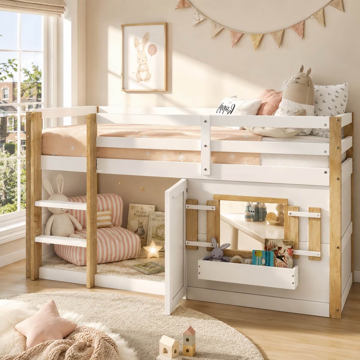 3ft Single Kids Loft Bed with Ladder - Multifunctional Wooden Bed Frame with Under-Bed Play Area, White