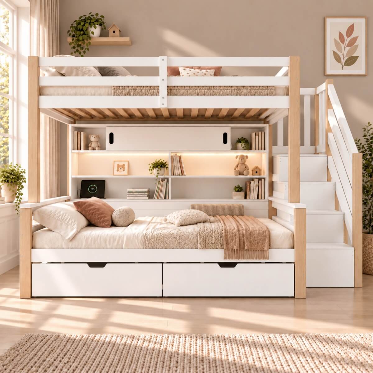 3ft Single Bunk Bed with Storage Staircase - Kids Bunk Bed Frame with Drawers, Shelves, LED Lights and Charging Station, White and Natural