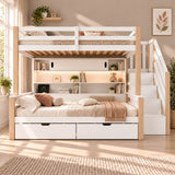 3ft Single Bunk Bed with Storage Staircase - Kids Bunk Bed Frame with Drawers, Shelves, LED Lights and Charging Station, White and Natural