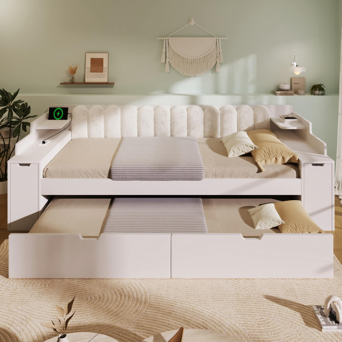 3ft Single Wooden Daybed with Pull-Out Trundle - Sofa Bed with Storage Cabinet and USB and Type-C Charging Station, White