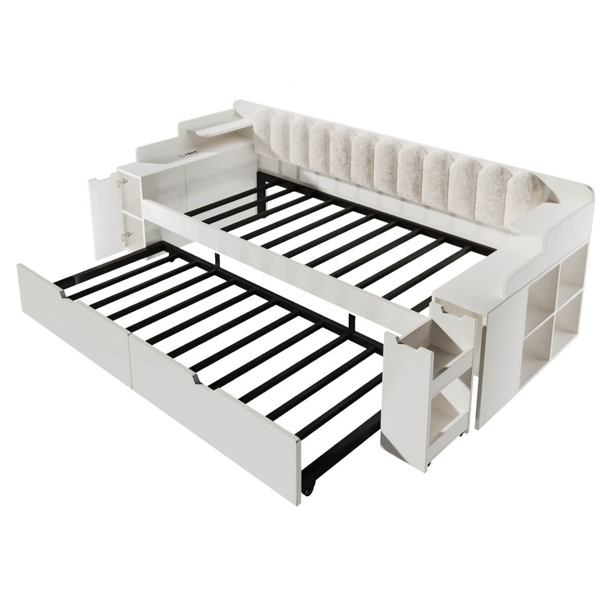 3ft Single Wooden Daybed with Pull-Out Trundle - Sofa Bed with Storage Cabinet and USB and Type-C Charging Station, White