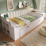 3ft Single Wooden Daybed with Pull-Out Trundle - Sofa Bed with Storage Cabinet and USB and Type-C Charging Station, White