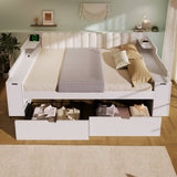 4ft6 Double Wooden Daybed with Side Storage Cabinet - Multifunctional Sofa Bed with USB and Type-C Charging Station, White