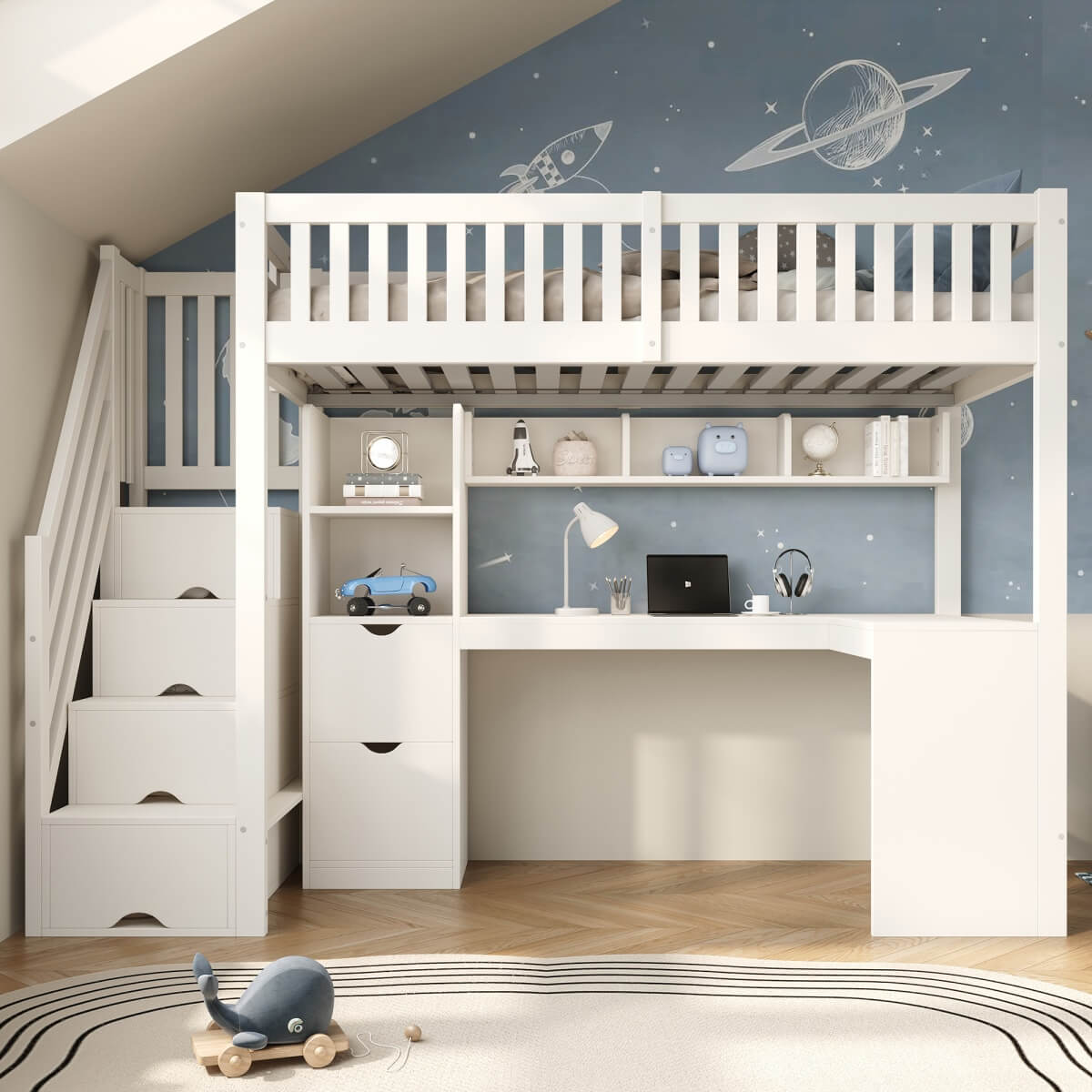 Single High Sleeper Bed with Desk and Storage Stairs - Wooden Loft Bed with Large Corner Desk, Shelves and Safety Guard Rails, White