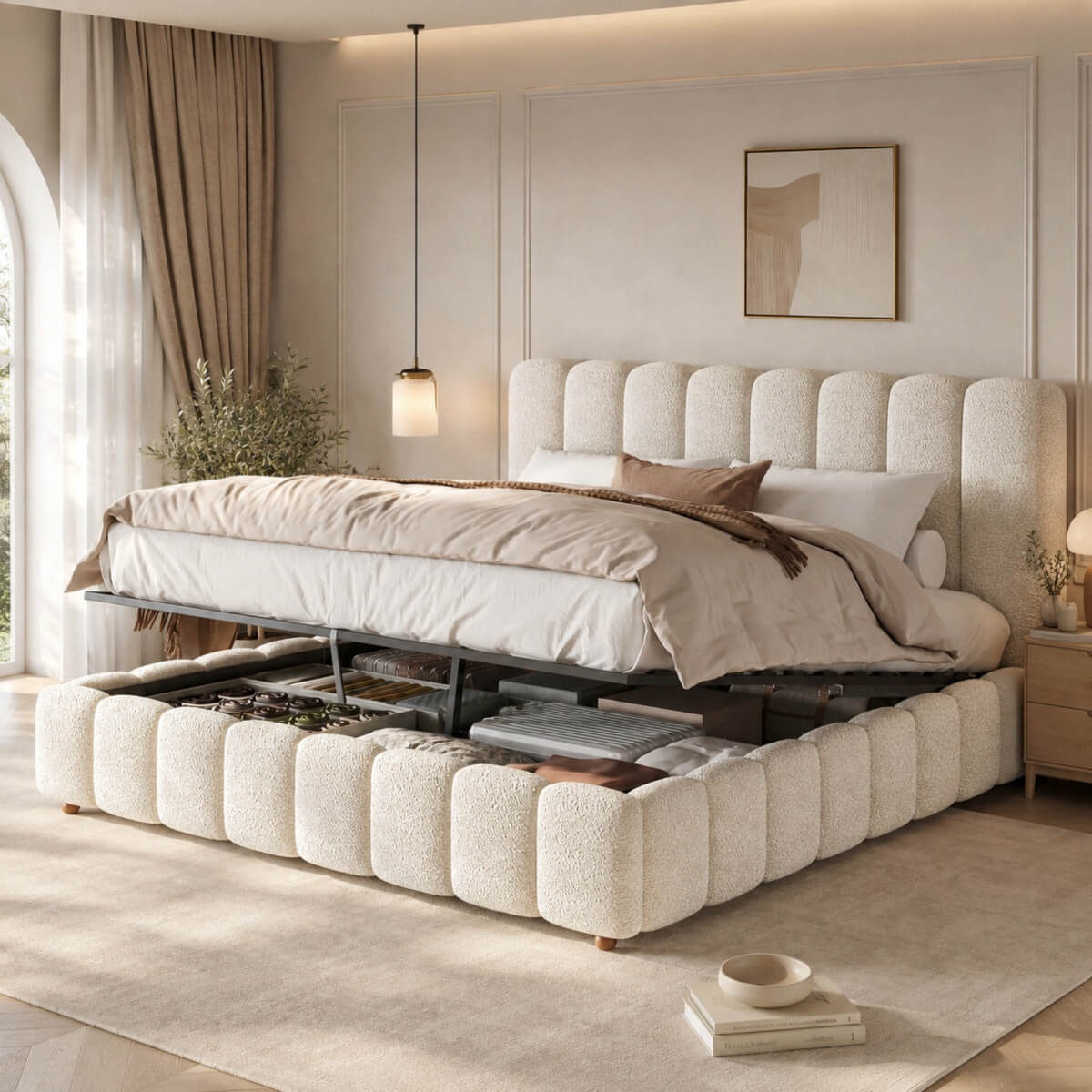 6ft Super King Upholstered Bed with Hydraulic Storage - White Bouclé Bed Frame with Padded Headboard & Slatted Base