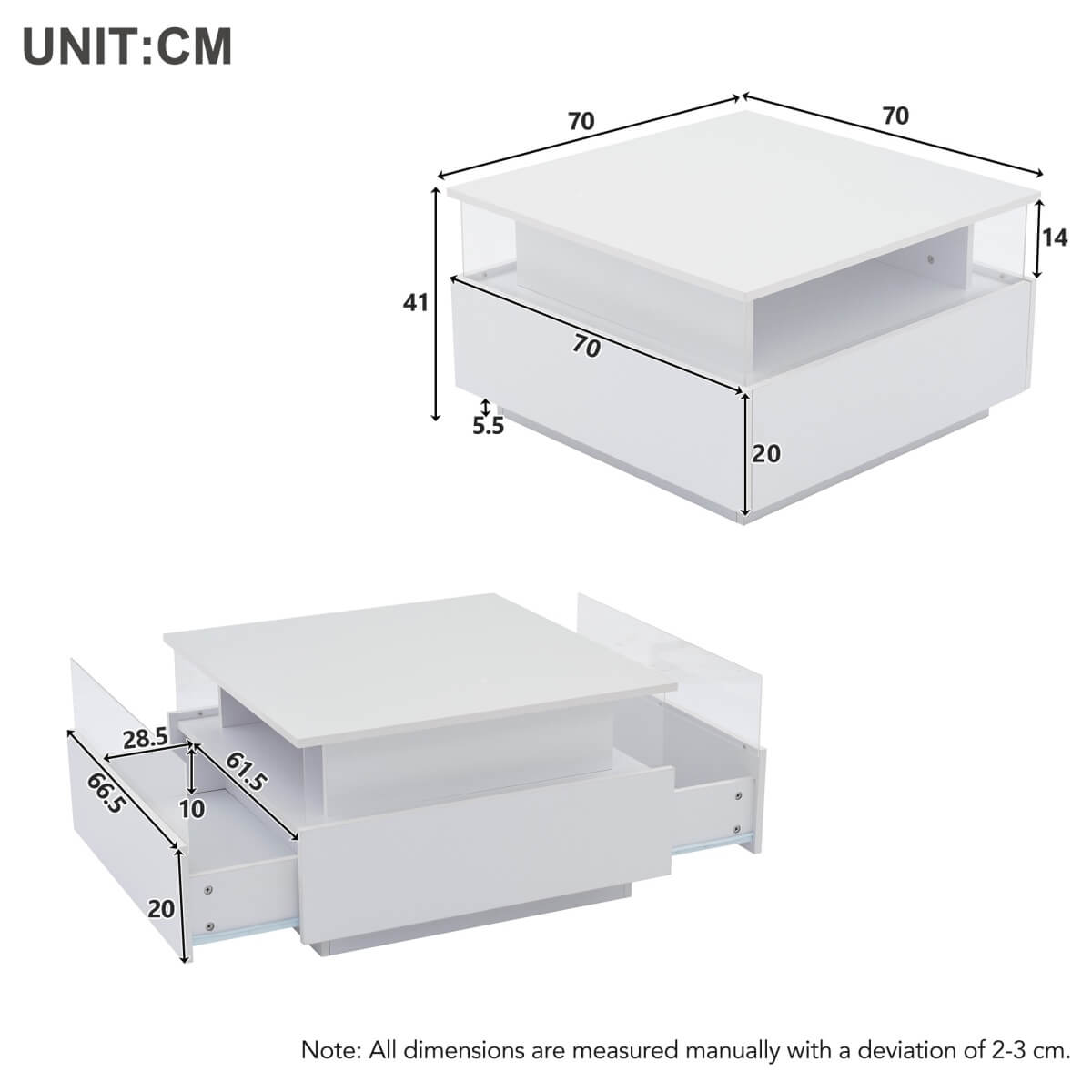 LED Coffee Table with Storage - Square Design, 2 Sliding Drawers, White