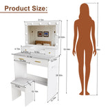 Makeup Vanity Desk with Mirror - 9 Hollywood Lights, 4 Drawers, Open Storage, Power Socket, Hair Dryer Holder & Stool, White