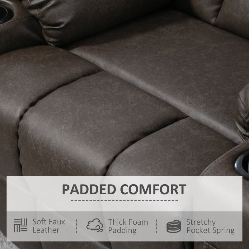 Manual Reclining Chair with Footrest, Cup Holders, Faux Leather Brown