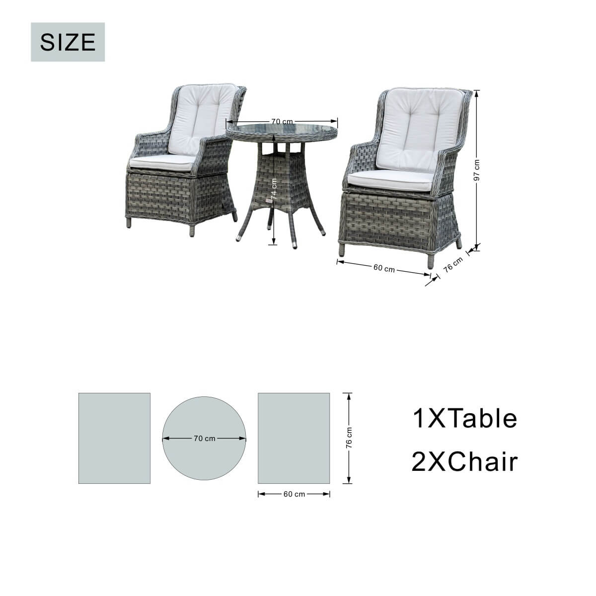 3 Piece Rattan Bistro Set - Round Outdoor Garden Table and Chairs