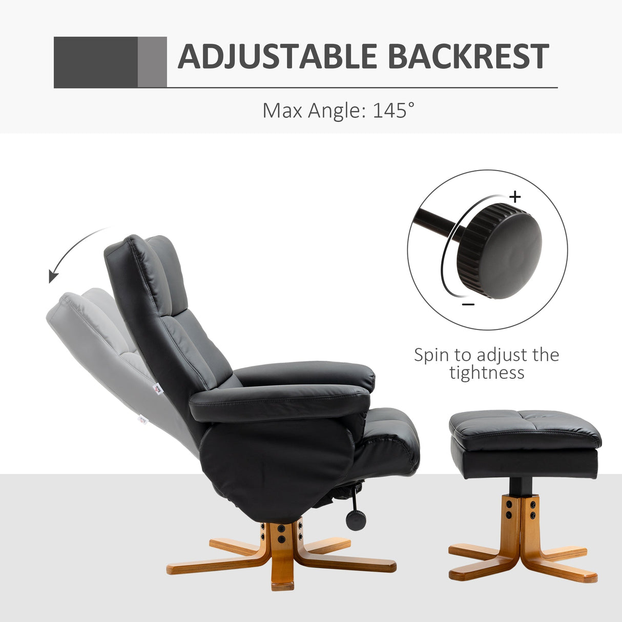 Recliner Armchair, Swivel Reclining Chair with Storage Ottoman, Black Faux Leather