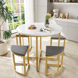 Modern Metal Frame Round Marble Dining Table and Chair Set (5 Pieces) with 4 Semi-Circular Stools