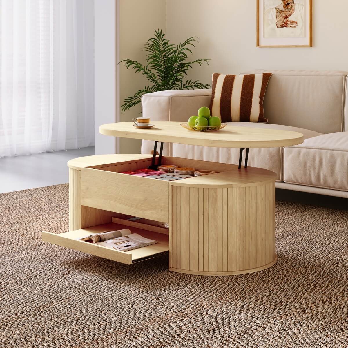 Lift-Top Coffee Table with Curved Wood Design - Extendable Storage Centre Table for Living Room
