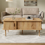 Retro Lift Top Coffee Table with Sliding Door - Wood Effect Finish, Vertical Slat Design and Wooden Legs, Natural