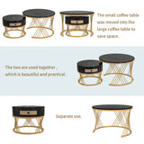 2 in 1 Round Coffee Table Set - Marble Effect Top, Rattan Drawers, Gold Metal Legs