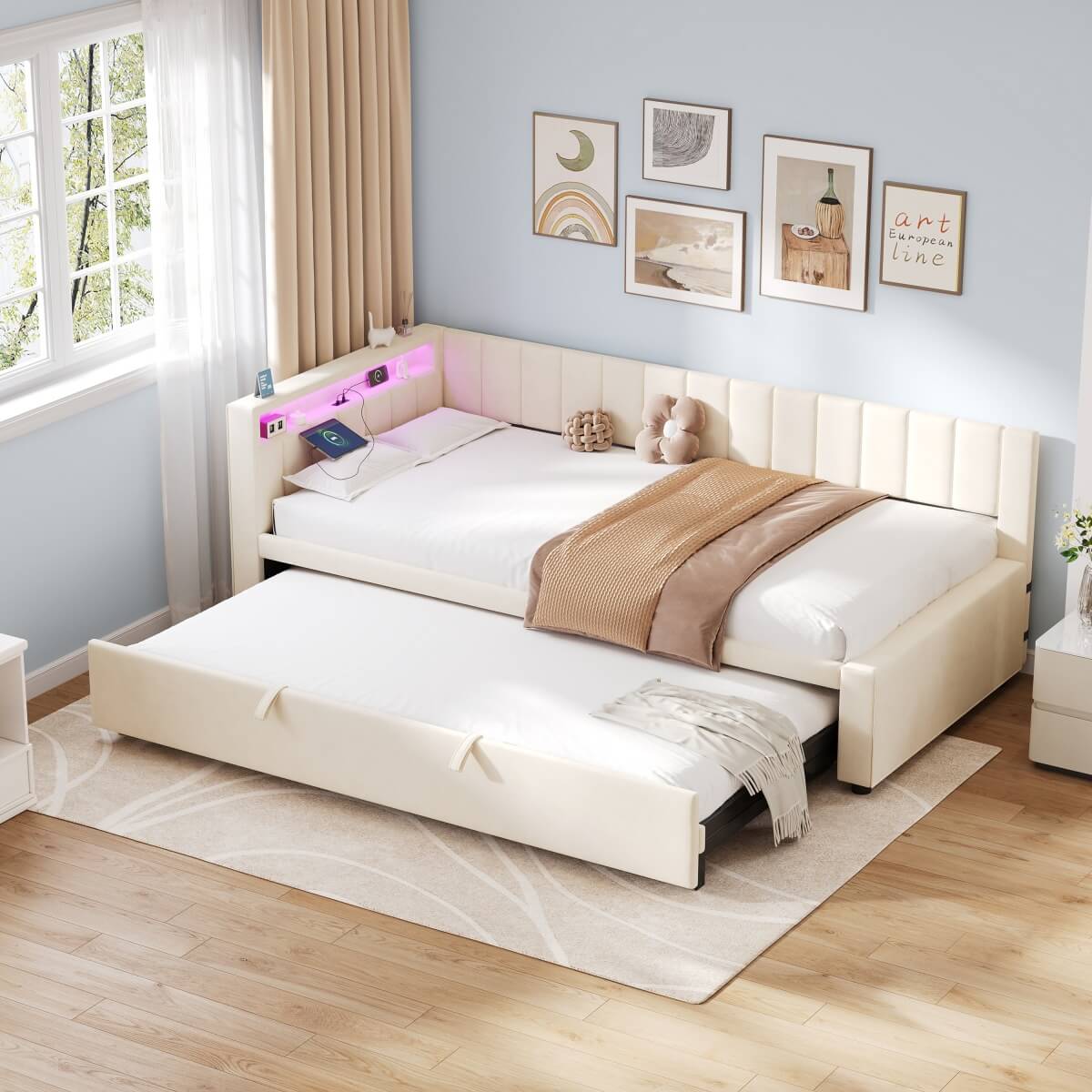 3ft Single Velvet Daybed with Trundle - Reversible Sofa Bed with RGB LED Lights and Charging Station, Beige