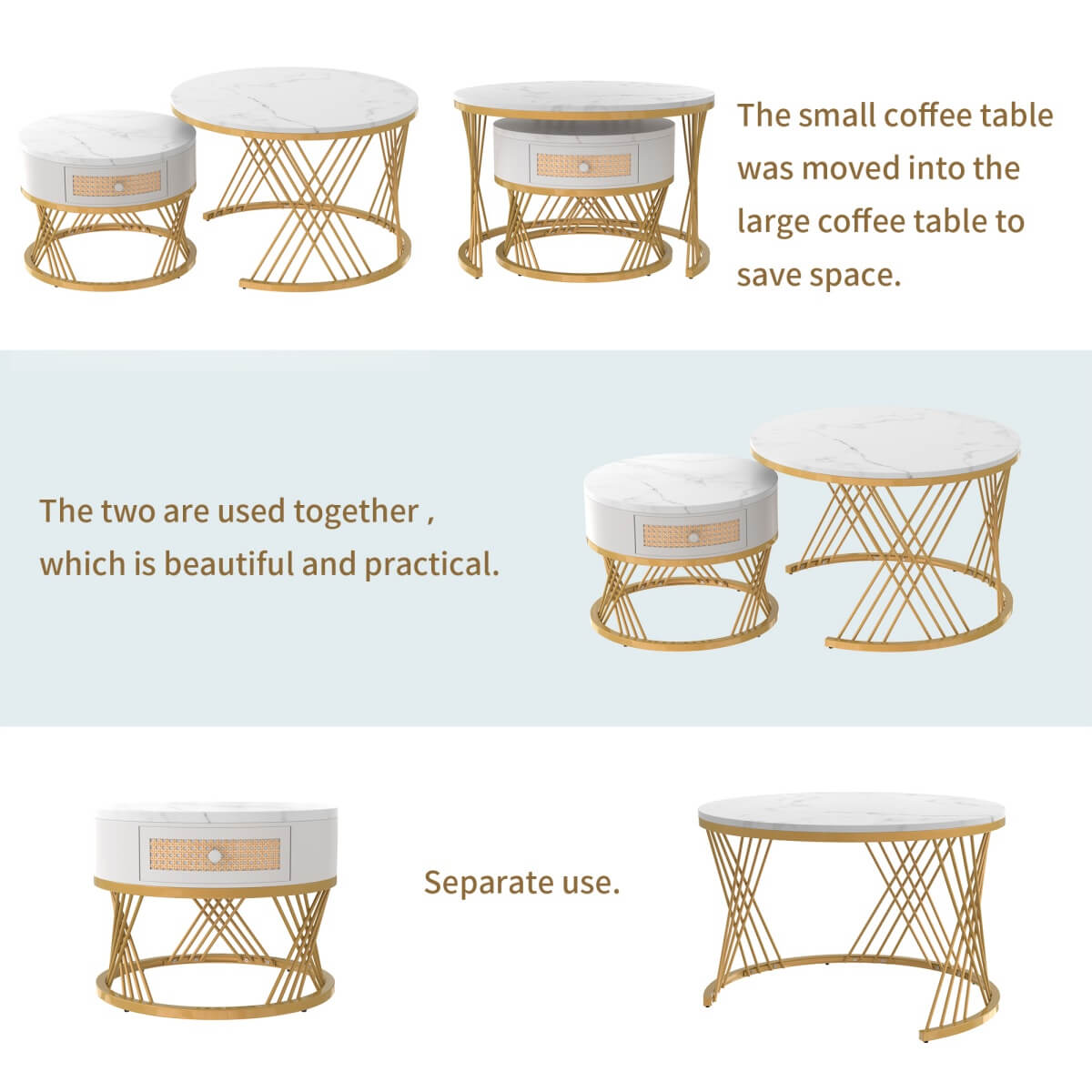 2-in-1 Round Coffee Table – Marble Effect Top, Rattan Drawers, Gold Iron Legs