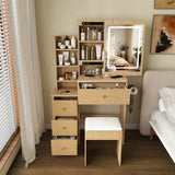 Modern Makeup Vanity Desk - 3-Mode Adjustable LED Lights, 4 Drawers, Open Storage Shelves, Hair Dryer Holder, Power Socket & Dressing Stool, Natural