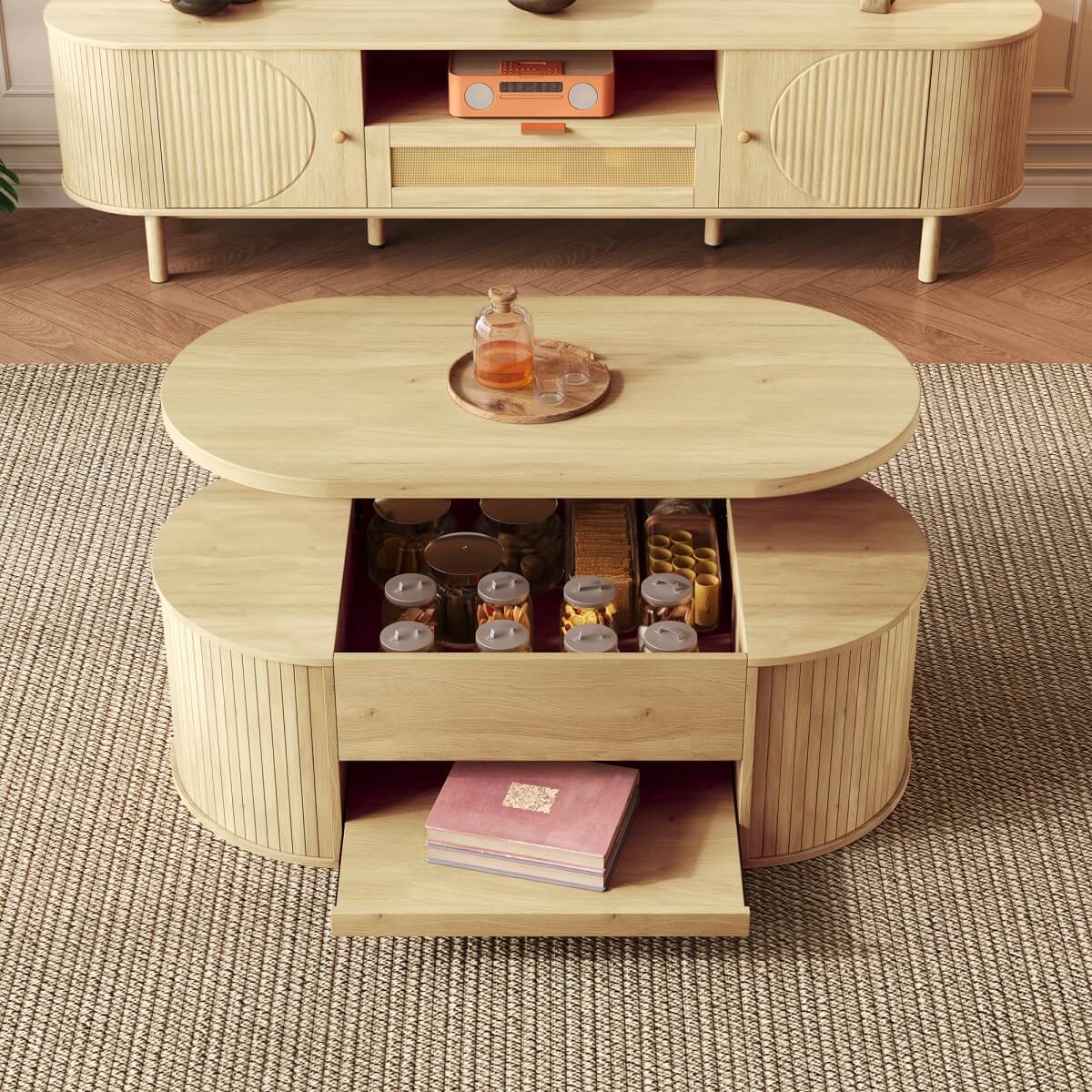 Lift-Top Coffee Table with Curved Wood Design - Extendable Storage Centre Table for Living Room