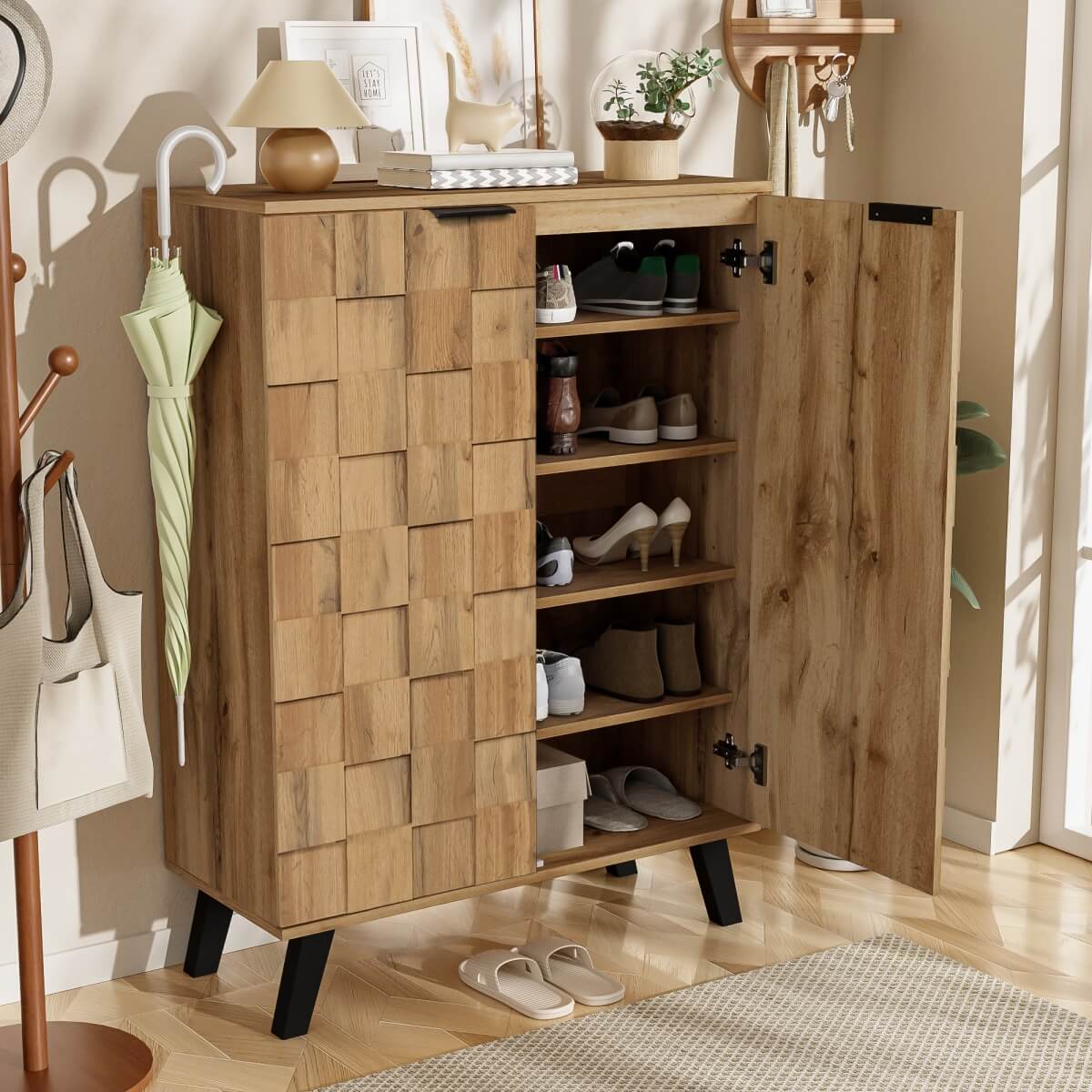 Modern Shoe Cabinet - 5 Compartment Storage with Adjustable Shelves, Wood Grain Finish