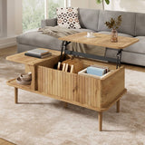 Retro Lift Top Coffee Table with Sliding Door - Wood Effect Finish, Vertical Slat Design and Wooden Legs, Natural