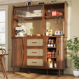 174.5cm Rattan Sideboard - Kitchen Storage Cabinet with Glass Sliding Doors, Natural Oak & Walnut Effect