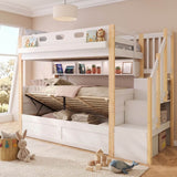 3ft Single Wooden Bunk Bed with Hydraulic Lower Bed - Solid Wood Kids Bed with Storage Stairs, LED Lights and USB Charging, White and Natural