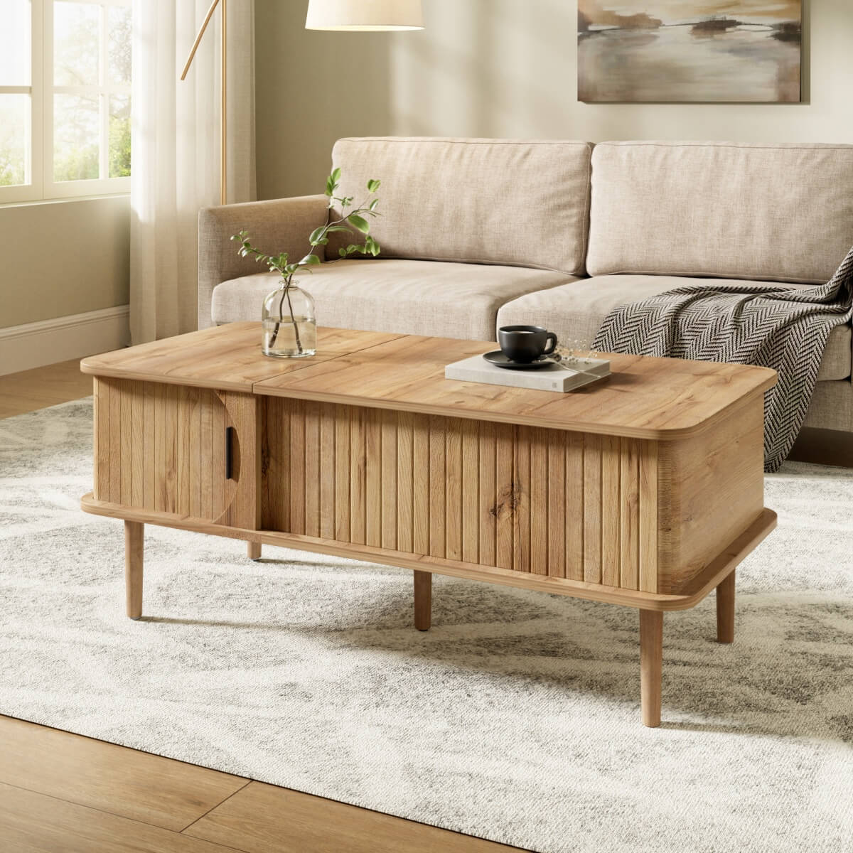 Retro Lift Top Coffee Table with Sliding Door - Wood Effect Finish, Vertical Slat Design and Wooden Legs, Natural