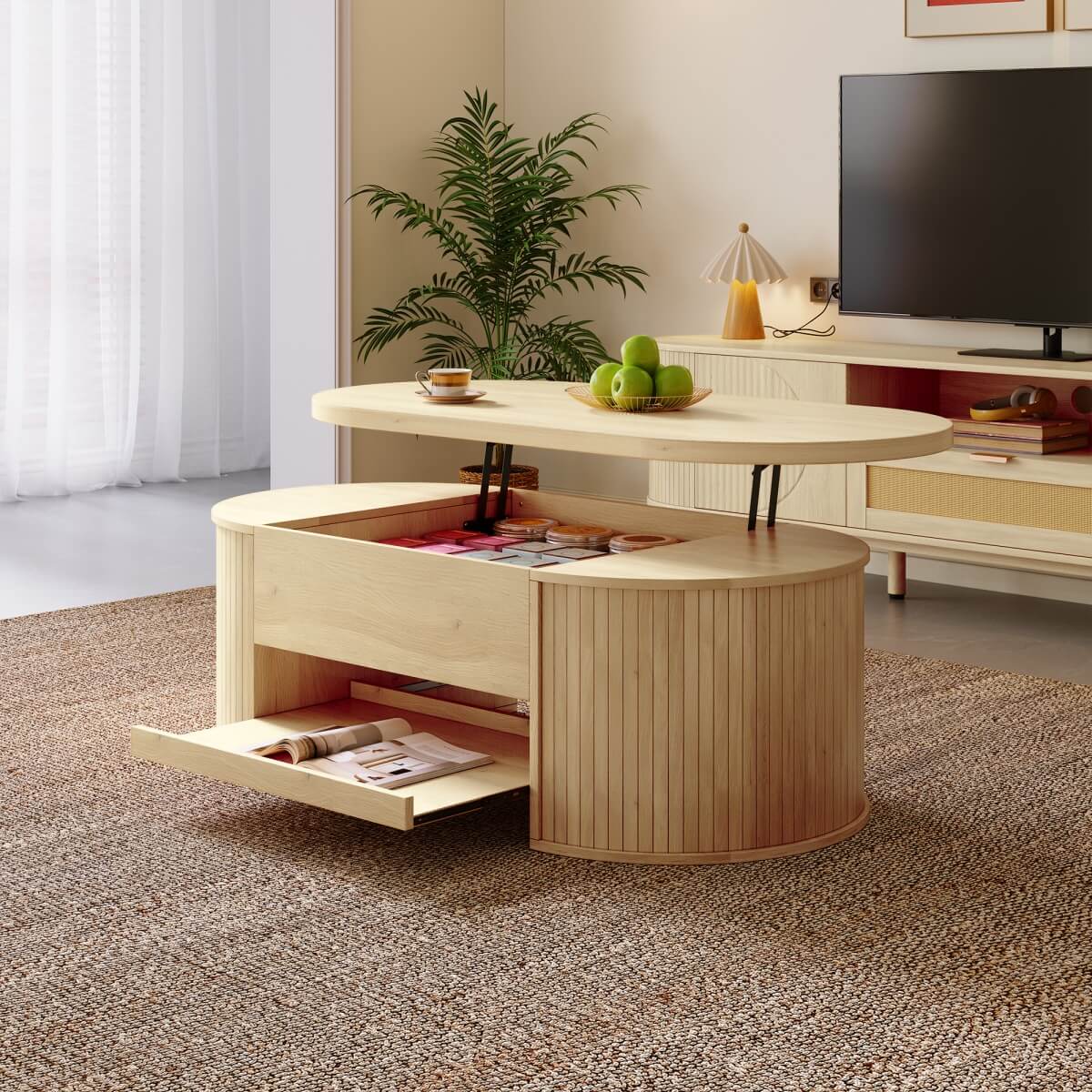 Lift-Top Coffee Table with Curved Wood Design - Extendable Storage Centre Table for Living Room