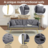 2 Seater Sofa Bed - Adjustable Backrest, Cup Holders, Convertible, Gold Accents