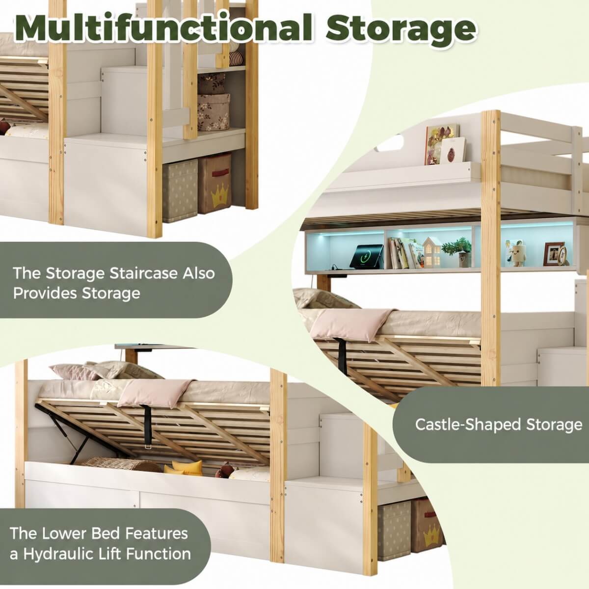 3ft Single Wooden Bunk Bed with Hydraulic Lower Bed - Solid Wood Kids Bed with Storage Stairs, LED Lights and USB Charging, White and Natural