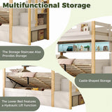 3ft Single Wooden Bunk Bed with Hydraulic Lower Bed - Solid Wood Kids Bed with Storage Stairs, LED Lights and USB Charging, White and Natural
