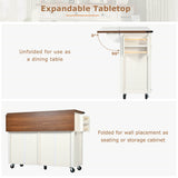 Farmhouse Kitchen Island Trolley - Rolling Storage Cabinet with Drawers, Adjustable Shelf & Spice Rack, White
