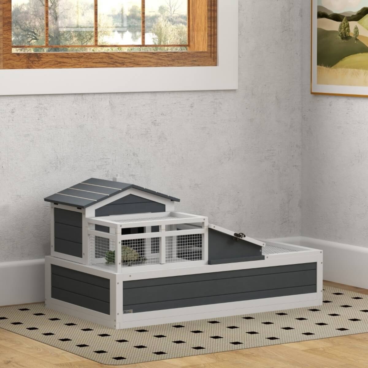 Deluxe 2-Storey Tortoise House ¨C 3-Room Habitat with Ladder, Balcony & Easy-Access Roof, Grey