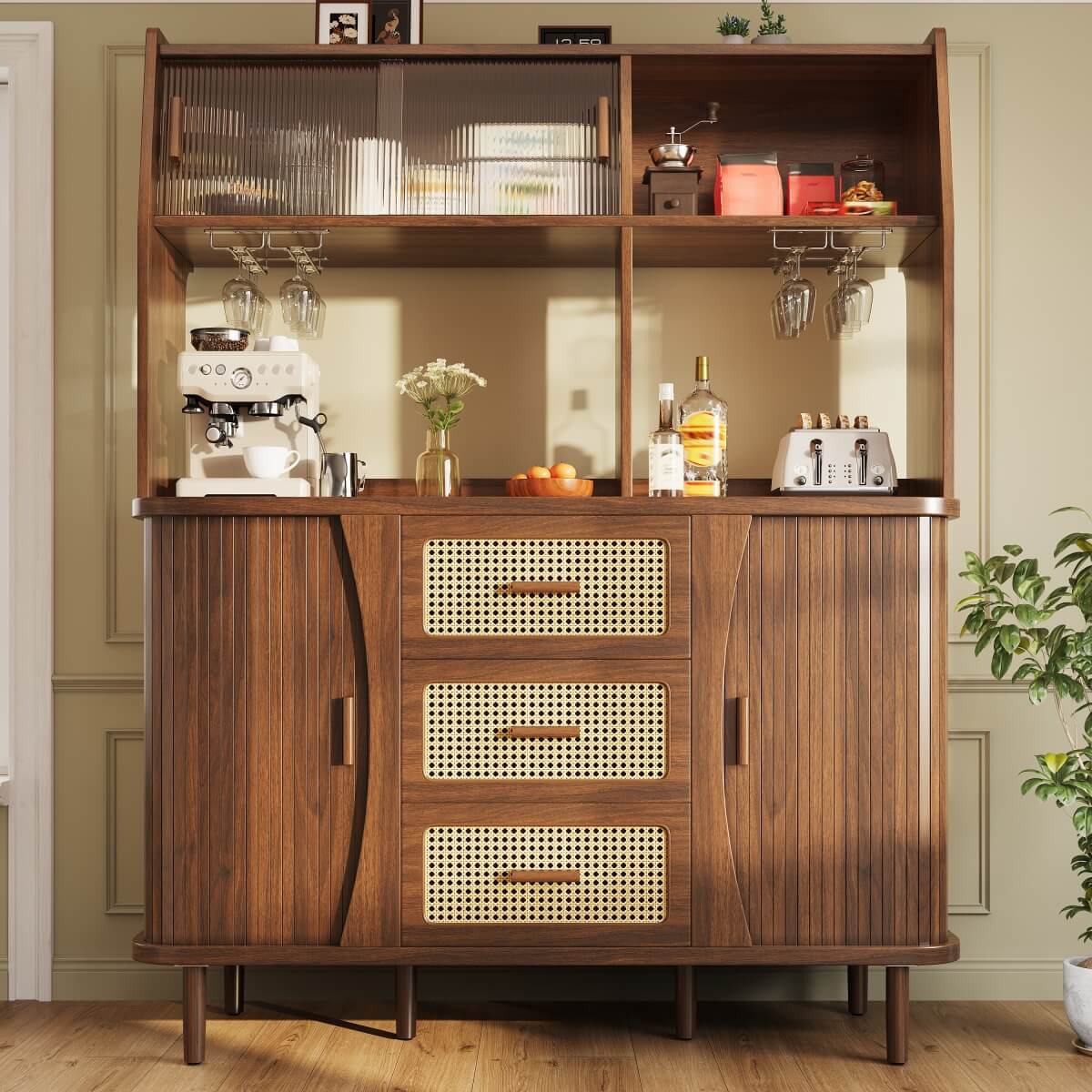 174.5cm Rattan Sideboard - Kitchen Storage Cabinet with Glass Sliding Doors, Natural Oak & Walnut Effect