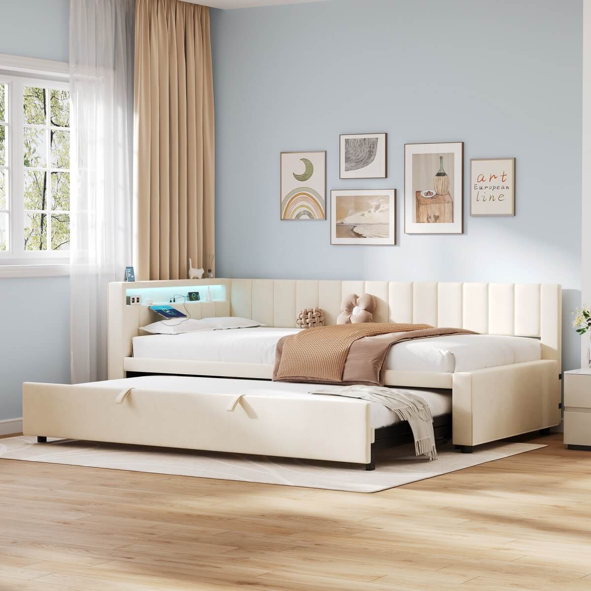3ft Single Velvet Daybed with Trundle - Reversible Sofa Bed with RGB LED Lights and Charging Station, Beige