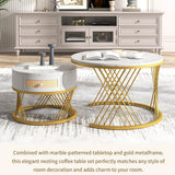 2-in-1 Round Coffee Table – Marble Effect Top, Rattan Drawers, Gold Iron Legs