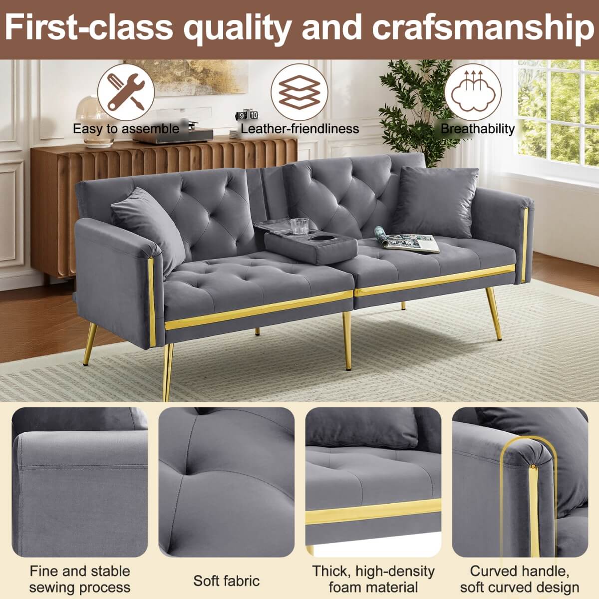 2 Seater Sofa Bed - Adjustable Backrest, Cup Holders, Convertible, Gold Accents