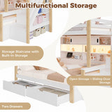 3ft Single Bunk Bed with Storage Staircase - Kids Bunk Bed Frame with Drawers, Shelves, LED Lights and Charging Station, White and Natural