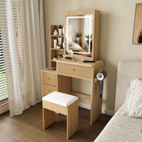 Modern Makeup Vanity Desk - 3-Mode Adjustable LED Lights, 4 Drawers, Open Storage Shelves, Hair Dryer Holder, Power Socket & Dressing Stool, Natural
