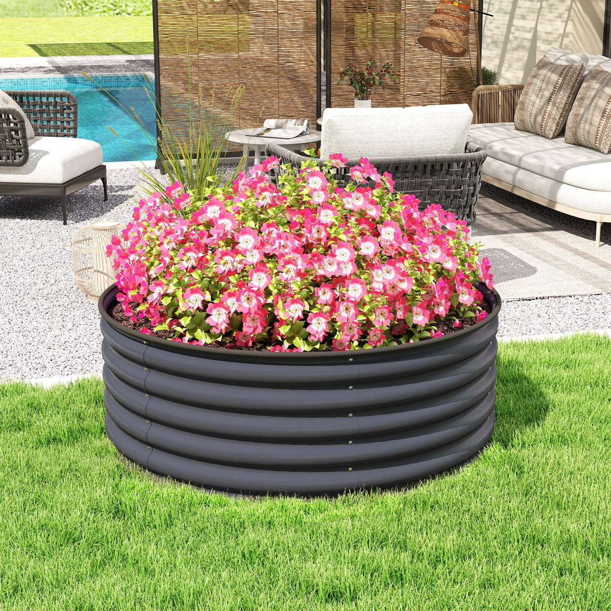 Galvanised Raised Garden Bed with Safety Edging, Outdoor Planter Box, 120 x 120 x 43cm, Dark Grey
