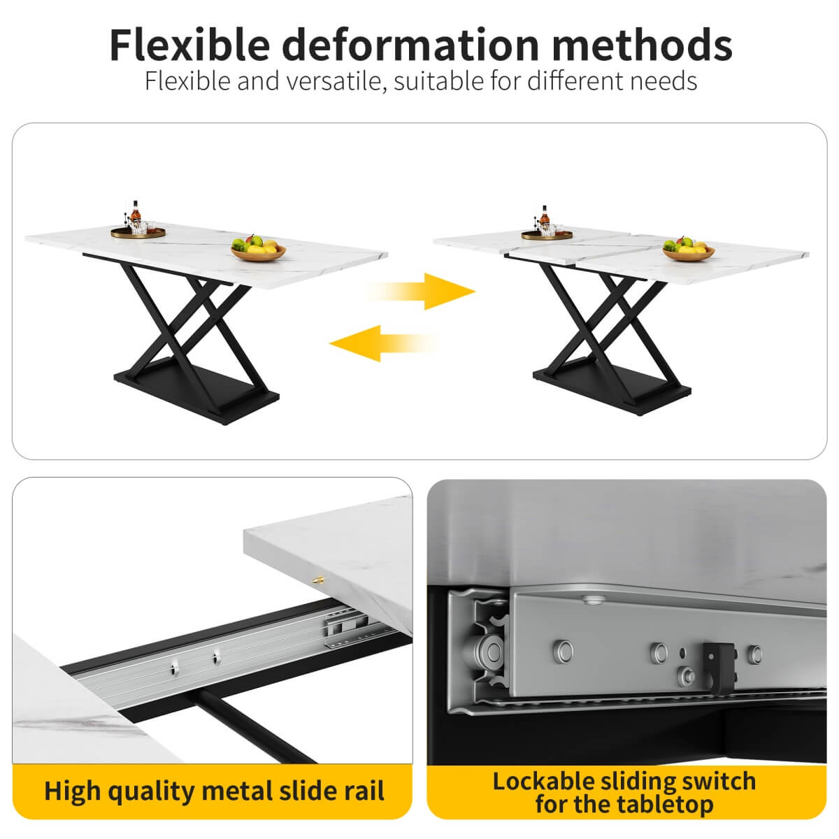 Extendable Dining Table 120-160cm - White Marble Effect Top, Black Cross Legs