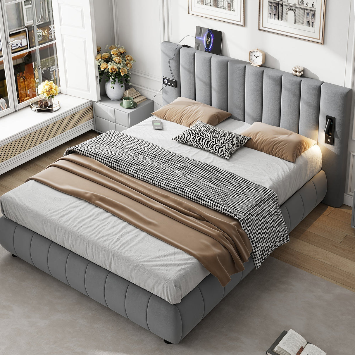 Upholstered Bed King Size 150x200cm with Stereo, USB Ports, Lighting, Electrical Plug & Soft Headboard, Grey Velvet+Iron