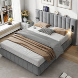 Upholstered Bed King Size 150x200cm with Stereo, USB Ports, Lighting, Electrical Plug & Soft Headboard, Grey Velvet+Iron