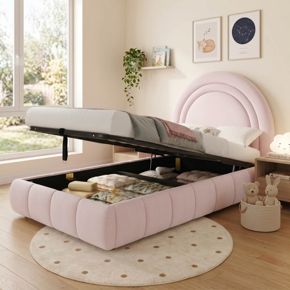 3ft Single Velvet Ottoman Bed - Upholstered Storage Bed with Headboard, Pink