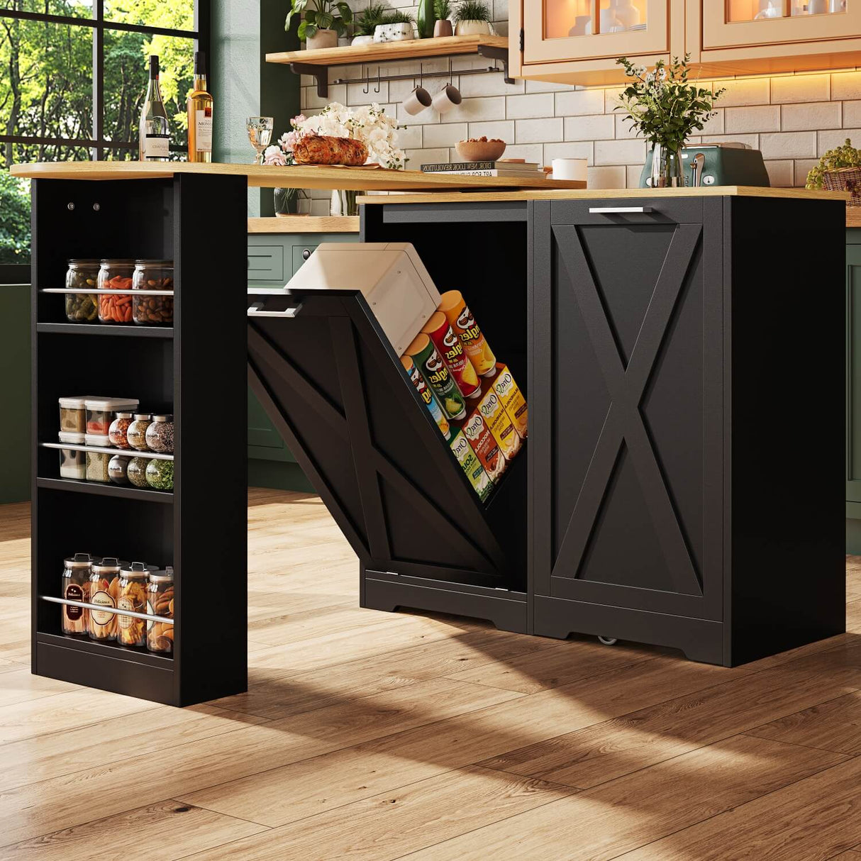 360° Rotating Kitchen Island Cabinet — Swivel Storage Sideboard with Shelves, Black